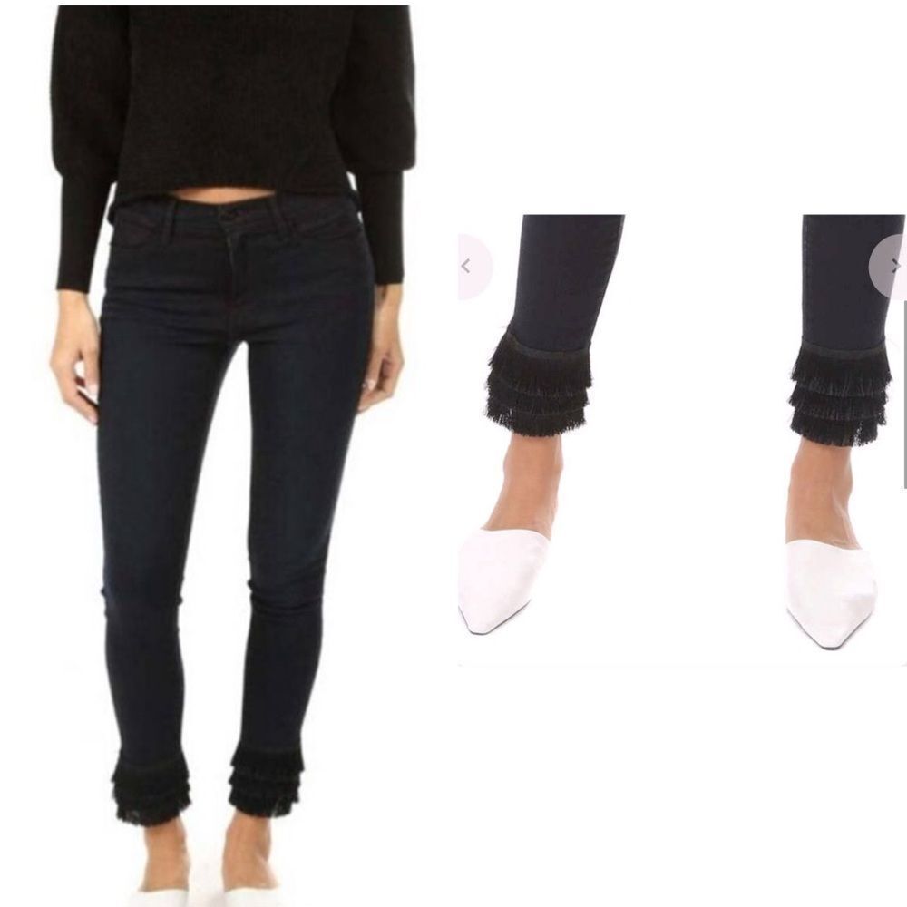 Frame Denim | Byxbee Dark Wash Le High Skinny Jeans with Tiered Fringe- Size 28